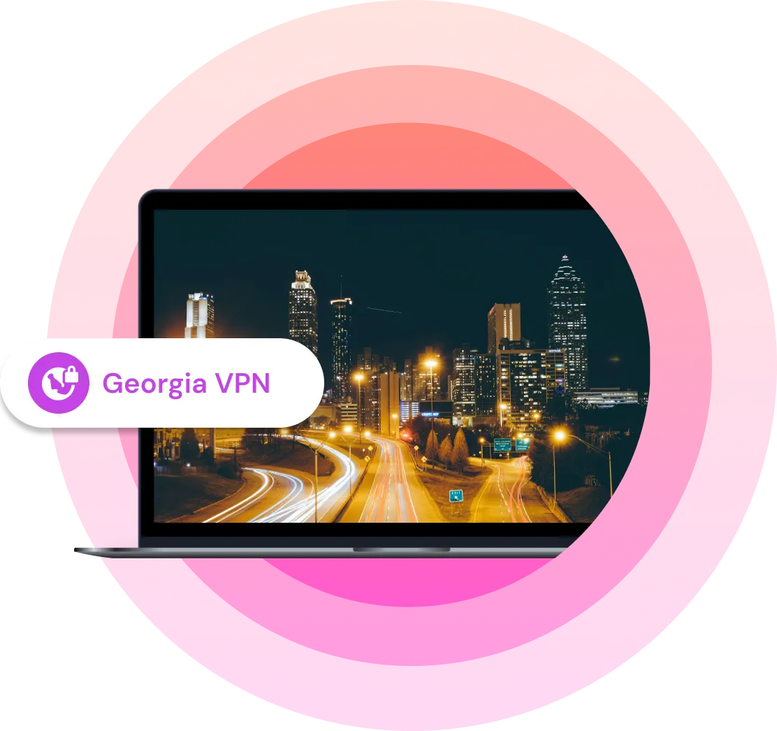Illustration showing a laptop with a picture of a Georgia city on it with the text "Georgia VPN" next to it